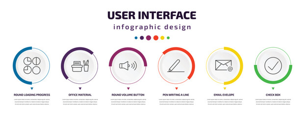 user interface infographic element with icons and 6 step or option. user interface icons such as round loading progress, office material, round volume button, pen writing a line, email evelope,