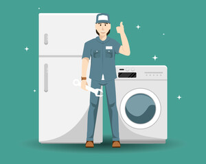 Cartoon vector illustration, Home appliance repair technician service with washing machine, refrigerator elements.
