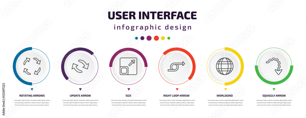 Poster user interface infographic element with icons and 6 step or option. user interface icons such as rot