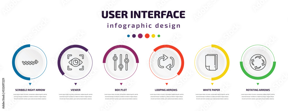 Poster user interface infographic element with icons and 6 step or option. user interface icons such as scr