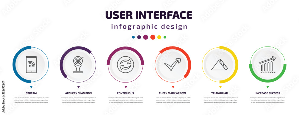 Poster user interface infographic element with icons and 6 step or option. user interface icons such as str