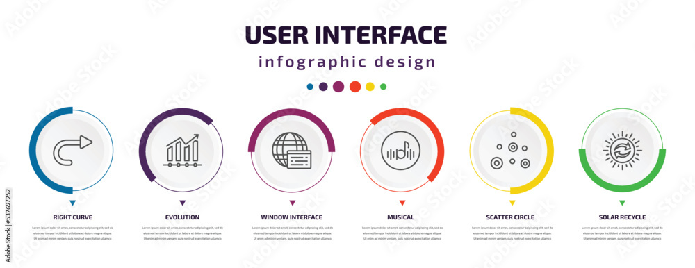 Poster user interface infographic element with icons and 6 step or option. user interface icons such as rig