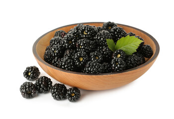 Bowl and fresh ripe blackberries on white background