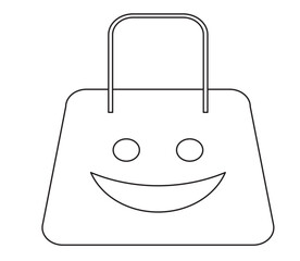Graphic illustration of a shopping bag in black and white. Medium in size and has a handle to hold. Still empty inside.