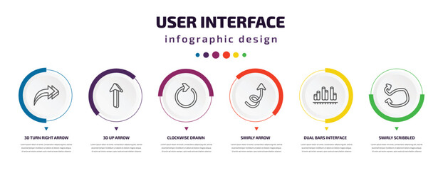 user interface infographic element with icons and 6 step or option. user interface icons such as 3d turn right arrow, 3d up arrow, clockwise drawn arrow, swirly dual bars interface, swirly scribbled