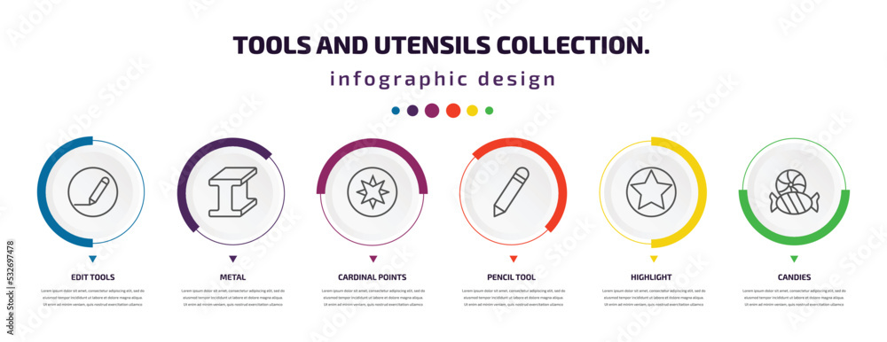 Poster tools and utensils collection. infographic element with icons and 6 step or option. tools and utensi