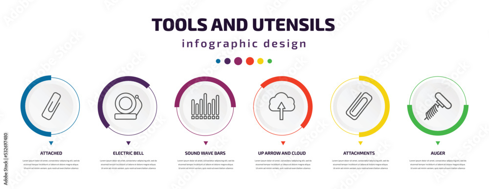Poster tools and utensils infographic element with icons and 6 step or option. tools and utensils icons suc