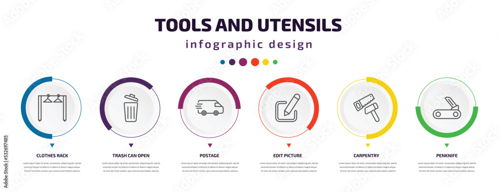 Poster tools and utensils infographic element with icons and 6 step or option. tools and utensils icons suc