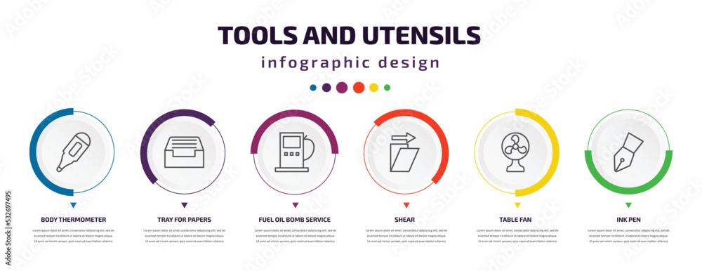 Poster tools and utensils infographic element with icons and 6 step or option. tools and utensils icons suc