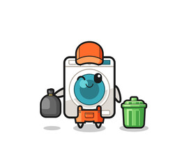 the mascot of cute washing machine as garbage collector