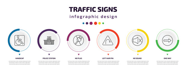 traffic signs infographic element with icons and 6 step or option. traffic signs icons such as handicap, police station, no plug, left hair pin, no sound, one way vector. can be used for banner, - obrazy, fototapety, plakaty