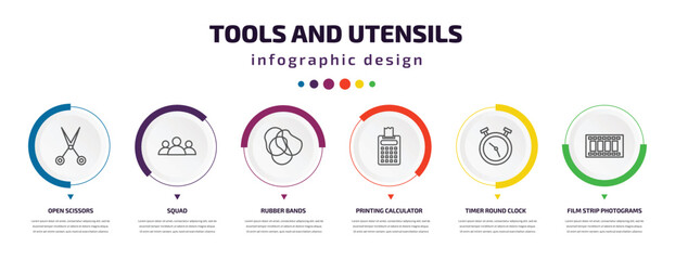 tools and utensils infographic element with icons and 6 step or option. tools and utensils icons such as open scissors, squad, rubber bands, printing calculator, timer round clock, film strip