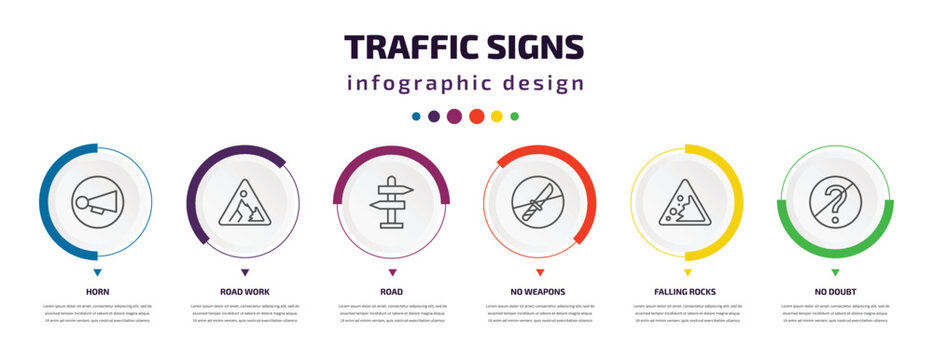 traffic signs infographic element with icons and 6 step or option. traffic signs icons such as horn, road work, road, no weapons, falling rocks, no doubt vector. can be used for banner, info graph,