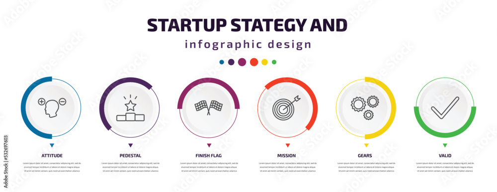 Poster startup stategy and infographic element with icons and 6 step or option. startup stategy and icons s