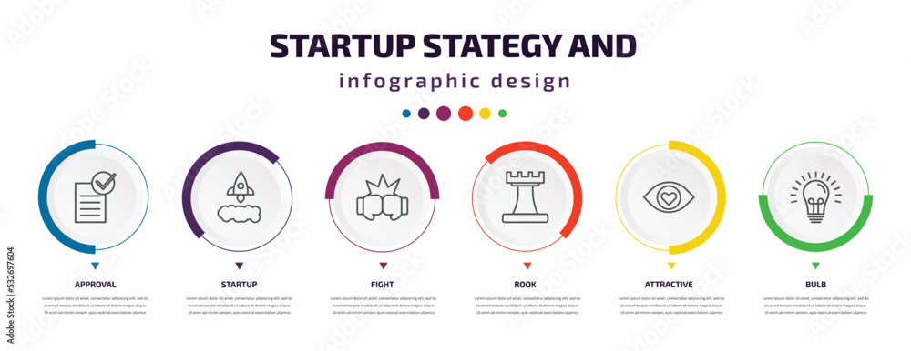 Aufkleber startup stategy and infographic element with icons and 6 step or option. startup stategy and icons s