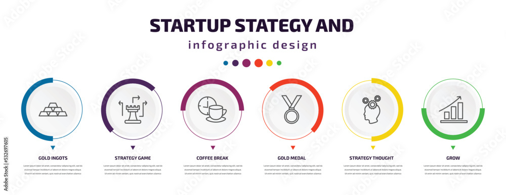 Poster startup stategy and infographic element with icons and 6 step or option. startup stategy and icons s