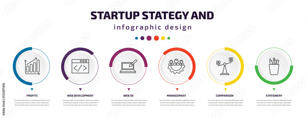 Aufkleber startup stategy and infographic element with icons and 6 step or option. startup stategy and icons s