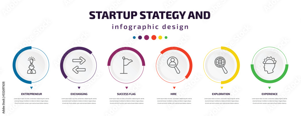 Aufkleber startup stategy and infographic element with icons and 6 step or option. startup stategy and icons s