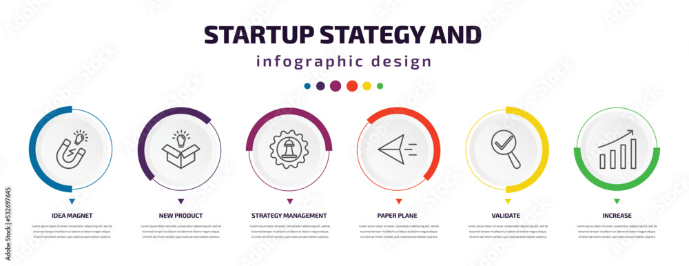 Poster startup stategy and infographic element with icons and 6 step or option. startup stategy and icons s