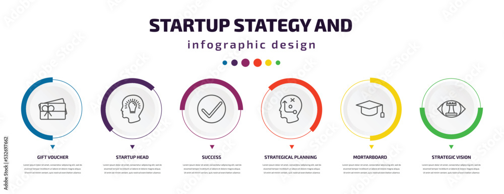 Aufkleber startup stategy and infographic element with icons and 6 step or option. startup stategy and icons s