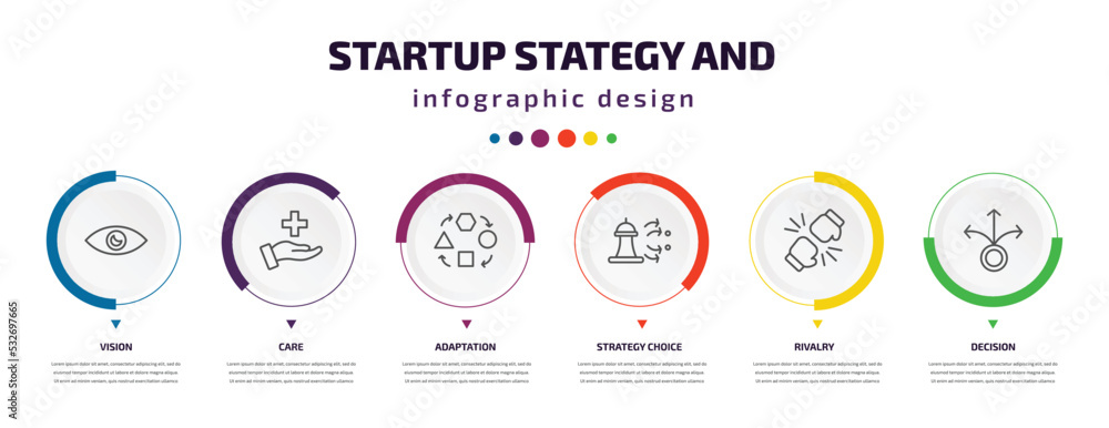 Poster startup stategy and infographic element with icons and 6 step or option. startup stategy and icons s