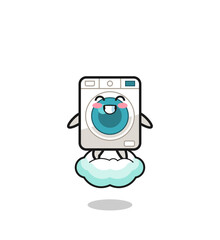 cute washing machine illustration riding a floating cloud