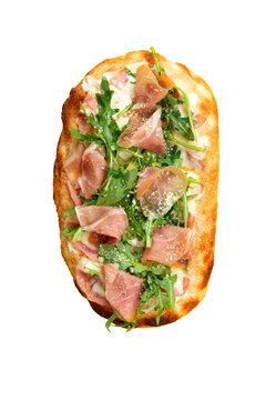 Roman pizza with ham and arugula. Transparent.