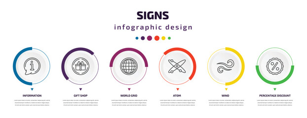 signs infographic element with icons and 6 step or option. signs icons such as information, gift shop, world grid, atom, wind, percentage discount vector. can be used for banner, info graph, web,