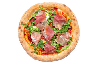 Traditional pizza with ham and arugula. Transparent.