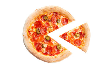 Pizza with pepperoni and jalapenos. A piece is cut off. Transparent.