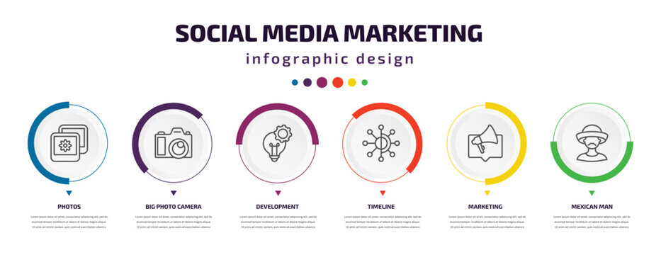 social media marketing infographic element with icons and 6 step or option. social media marketing icons such as photos, big photo camera, development, timeline, marketing, mexican man vector. can