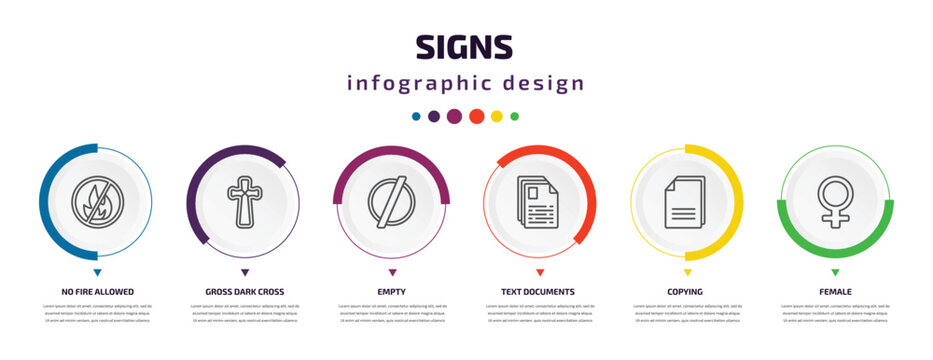 signs infographic element with icons and 6 step or option. signs icons such as no fire allowed, gross dark cross, empty, text documents, copying, female vector. can be used for banner, info graph,