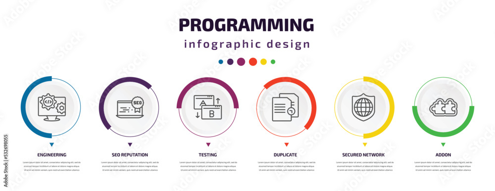 Wall mural programming infographic element with icons and 6 step or option. programming icons such as engineering, seo reputation, testing, duplicate, secured network, addon vector. can be used for banner, - Wall murals