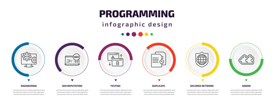 programming infographic element with icons and 6 step or option. programming icons such as engineering, seo reputation, testing, duplicate, secured network, addon vector. can be used for banner,