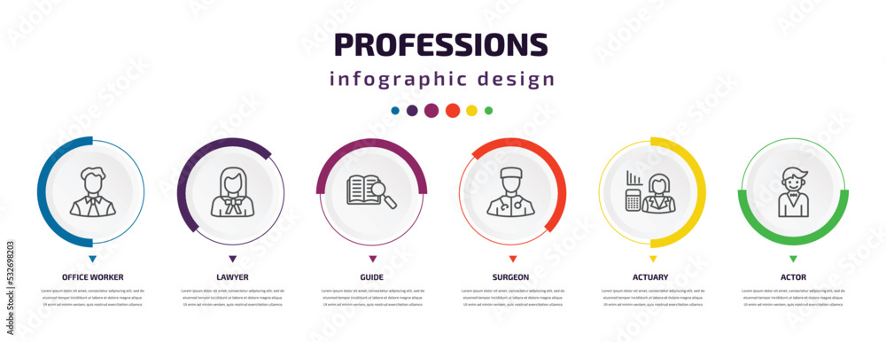 Poster professions infographic element with icons and 6 step or option. professions icons such as office wo