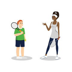 Tennis coach and her athlete communicating. Communication of multinational friends. People conversation. Flat vector illustration isolated on white background