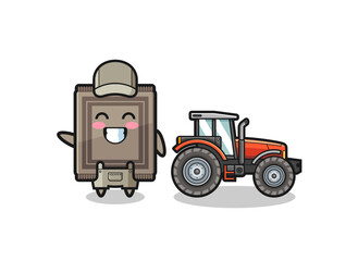 the carpet farmer mascot standing beside a tractor