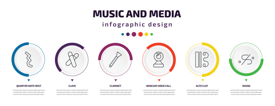 music and media infographic element with icons and 6 step or option. music and media icons such as quarter note rest, clave, clarinet, webcam video call, alto clef, segno vector. can be used for