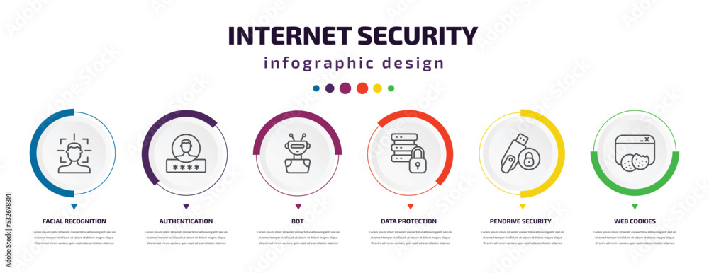Poster internet security infographic element with icons and 6 step or option. internet security icons such 