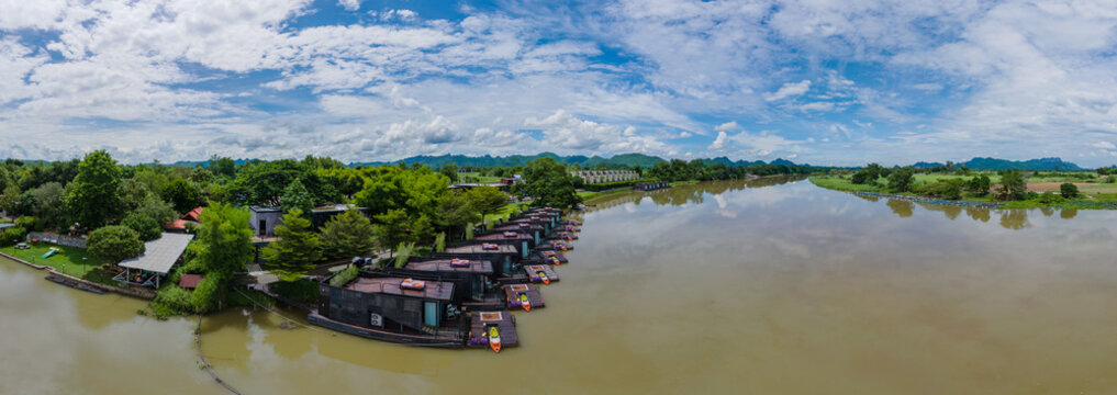 Kanchanaburi Thailand August 2022, a luxury resort alongside the River Kwai, is popular for kayaking on the river. 