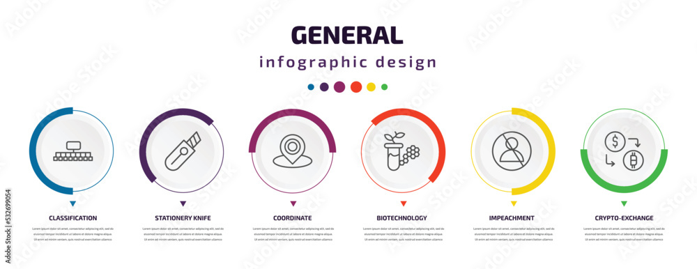 Poster general infographic element with icons and 6 step or option. general icons such as classification, s