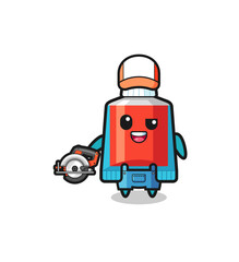 Naklejka premium the woodworker toothpaste mascot holding a circular saw