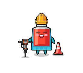 road worker mascot of toothpaste holding drill machine