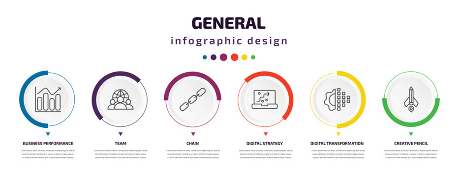 general infographic element with icons and 6 step or option. general icons such as business performance, team, chain, digital strategy, digital transformation, creative pencil rocket vector. can be