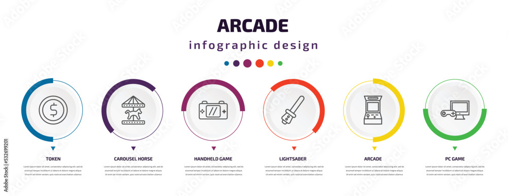 Poster arcade infographic element with icons and 6 step or option. arcade icons such as token, carousel hor