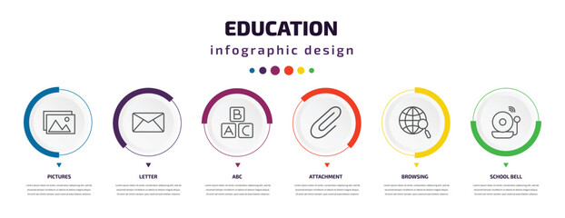 education infographic element with icons and 6 step or option. education icons such as pictures, letter, abc, attachment, browsing, school bell vector. can be used for banner, info graph, web,