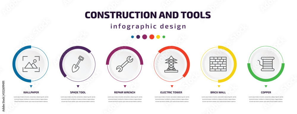 Poster construction and tools infographic element with icons and 6 step or option. construction and tools i