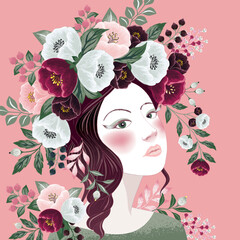 Vector illustration of a woman decorating her hair with flowers. Design for invitation card, picture frame, poster, scrapbook	