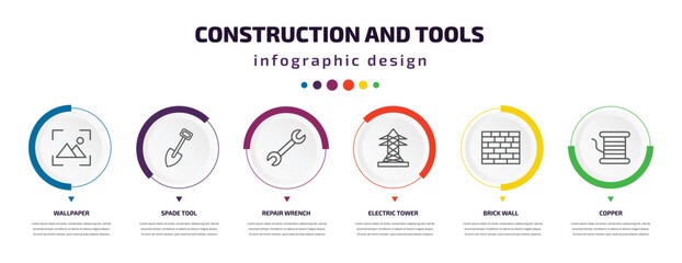 construction and tools infographic element with icons and 6 step or option. construction and tools icons such as wallpaper, spade tool, repair wrench, electric tower, brick wall, copper vector. can