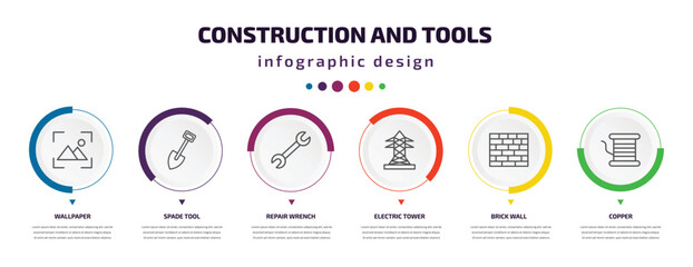 construction and tools infographic element with icons and 6 step or option. construction and tools icons such as wallpaper, spade tool, repair wrench, electric tower, brick wall, copper vector. can